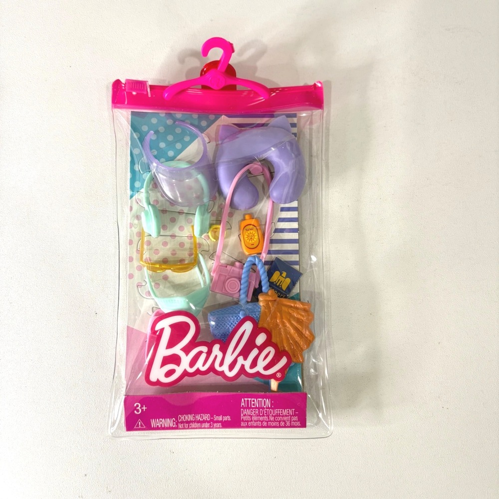Barbie Travel Accessory Pack Neck Pillow Headphones Camera Sunblock GWC28 HBV45